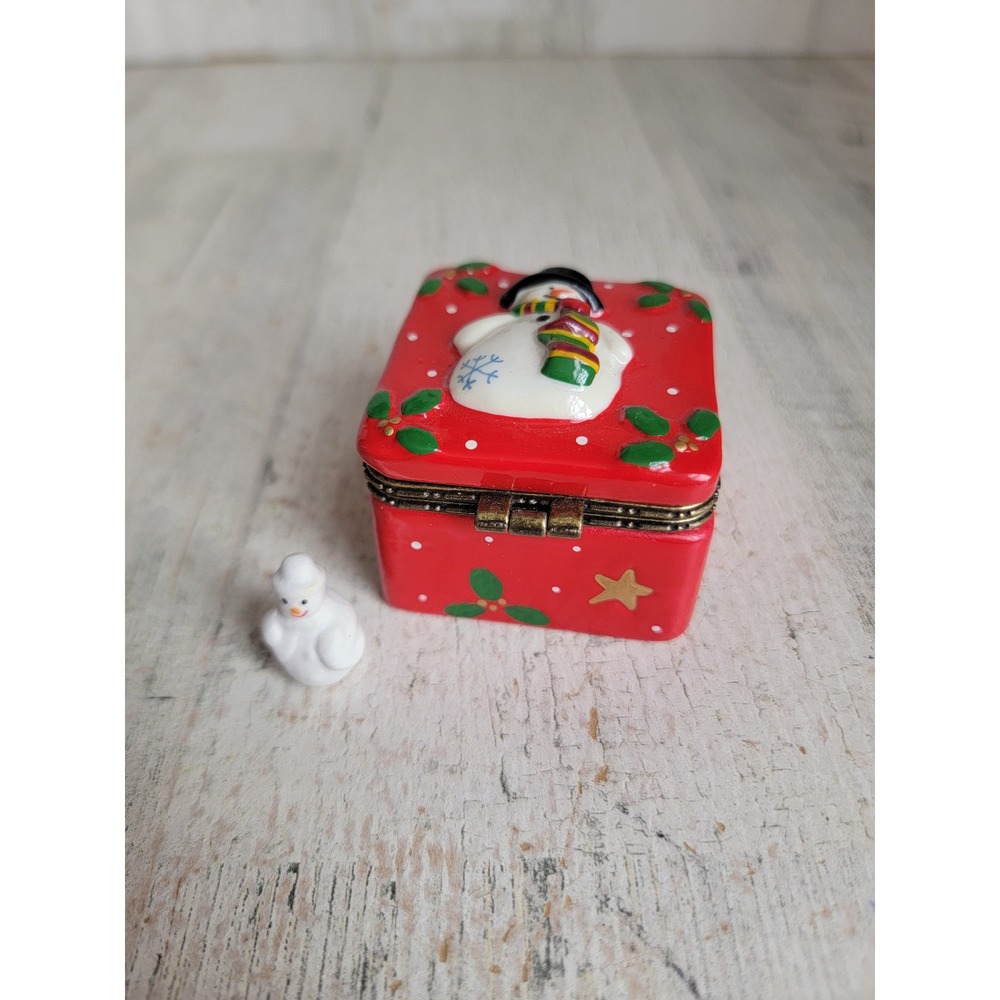 Vintage mini‎ snowman trinket box Xmas mistletoe snowflake decor figure